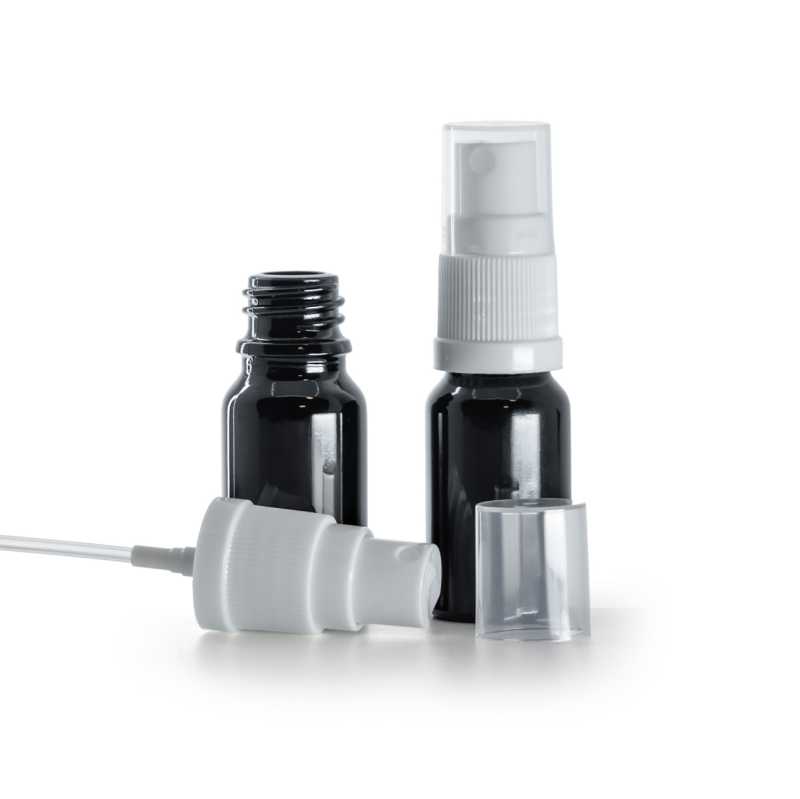 Schwarz glänzende Glasflasche, weißes Spray, 10 ml