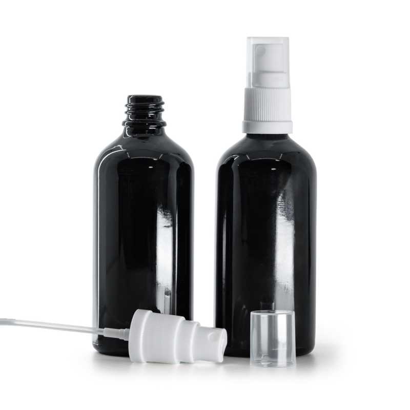Schwarz glänzende Glasflasche, weißes Spray, 100 ml