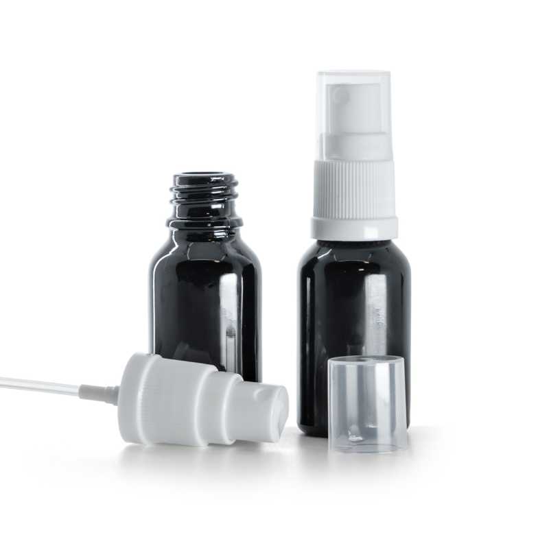 Schwarz glänzende Glasflasche, weißes Spray, 15 ml