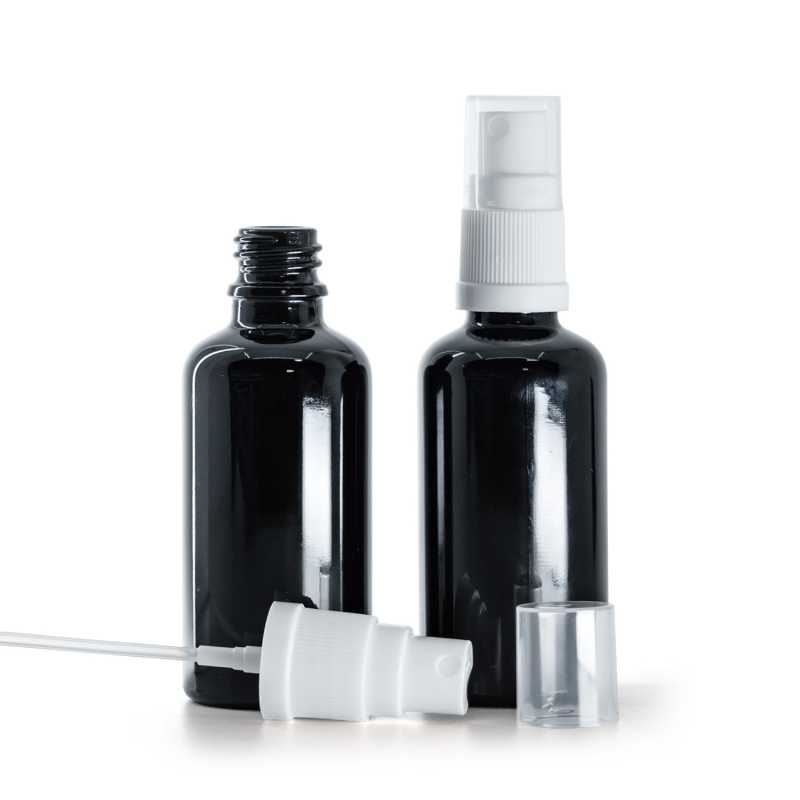 Schwarz glänzende Glasflasche, weißes Spray, 50 ml