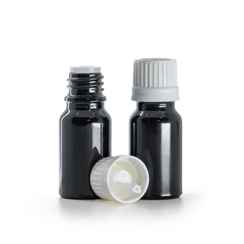 Schwarz glänzende Glasflasche, weißer Originalitätsverschluss und Tropfer, 10 ml