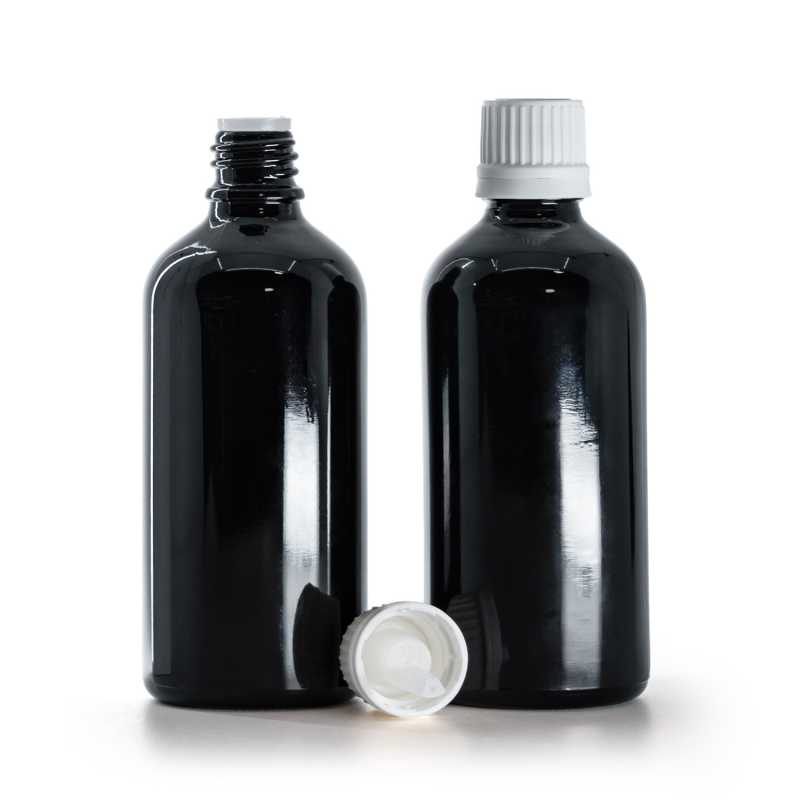 Schwarz glänzende Glasflasche, weißer Originalitätsverschluss und Tropfer, 100 ml