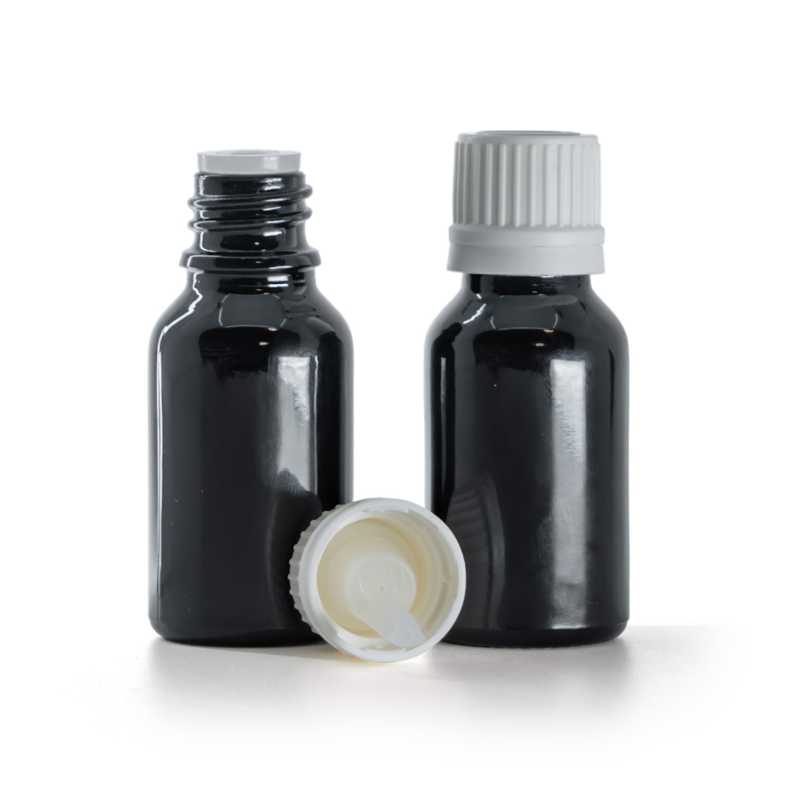 Glänzend schwarze Glasflasche, weißer Originalitätsverschluss und Tropfer, 15 ml