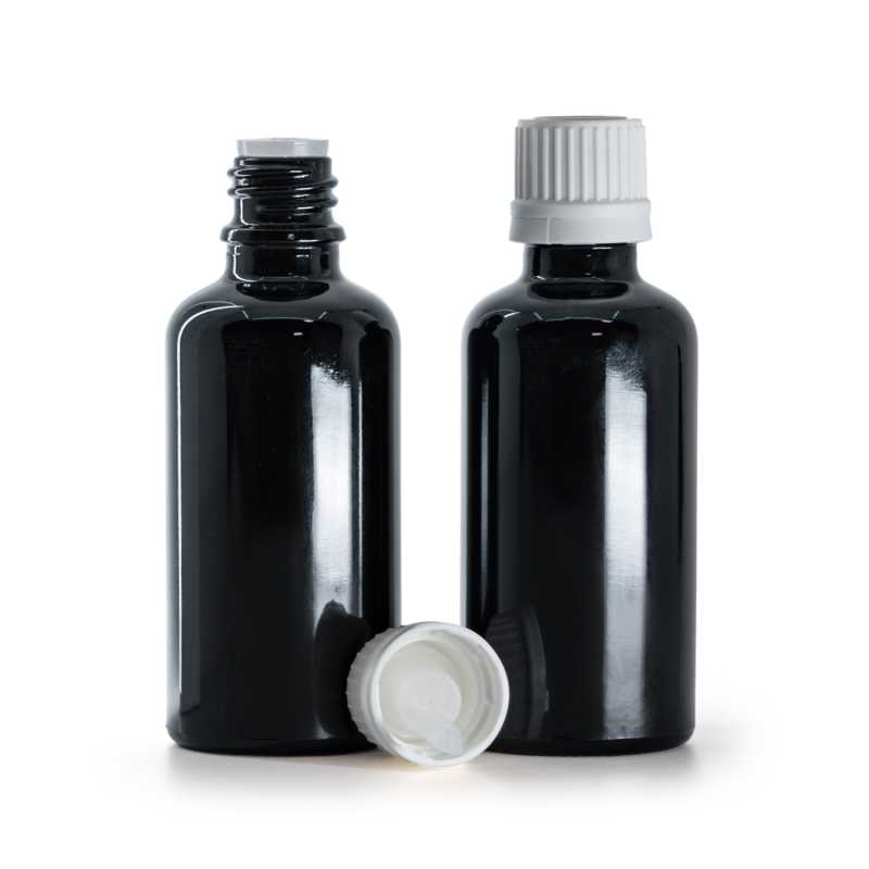 Schwarz glänzende Glasflasche, weißer Originalitätsverschluss und Tropfer, 50 ml