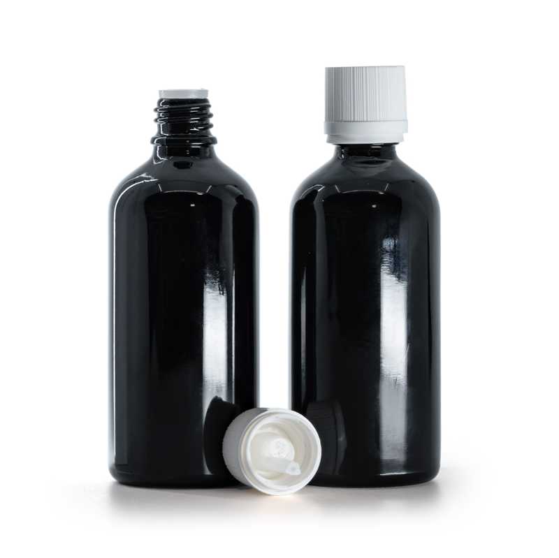 Schwarz glänzende Glasflasche, weiße Sicherheitsverschlusskappe und Tropfer, 100 ml