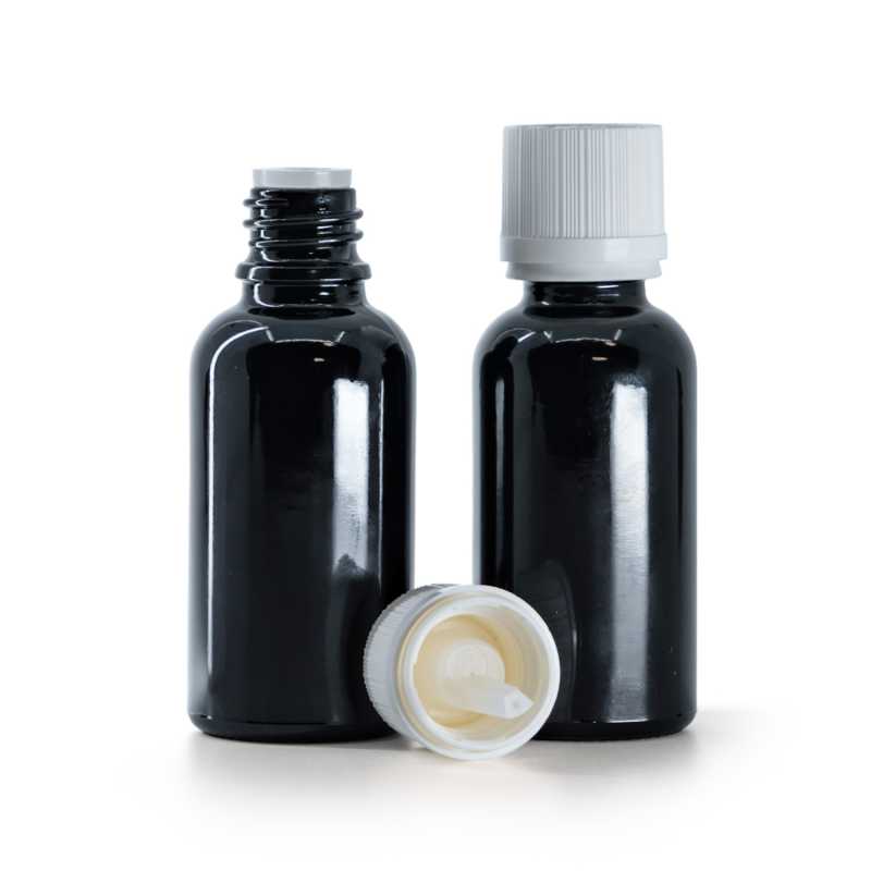 Schwarz glänzende Glasflasche, weiße Sicherheitsverschlusskappe und Tropfer, 30 ml