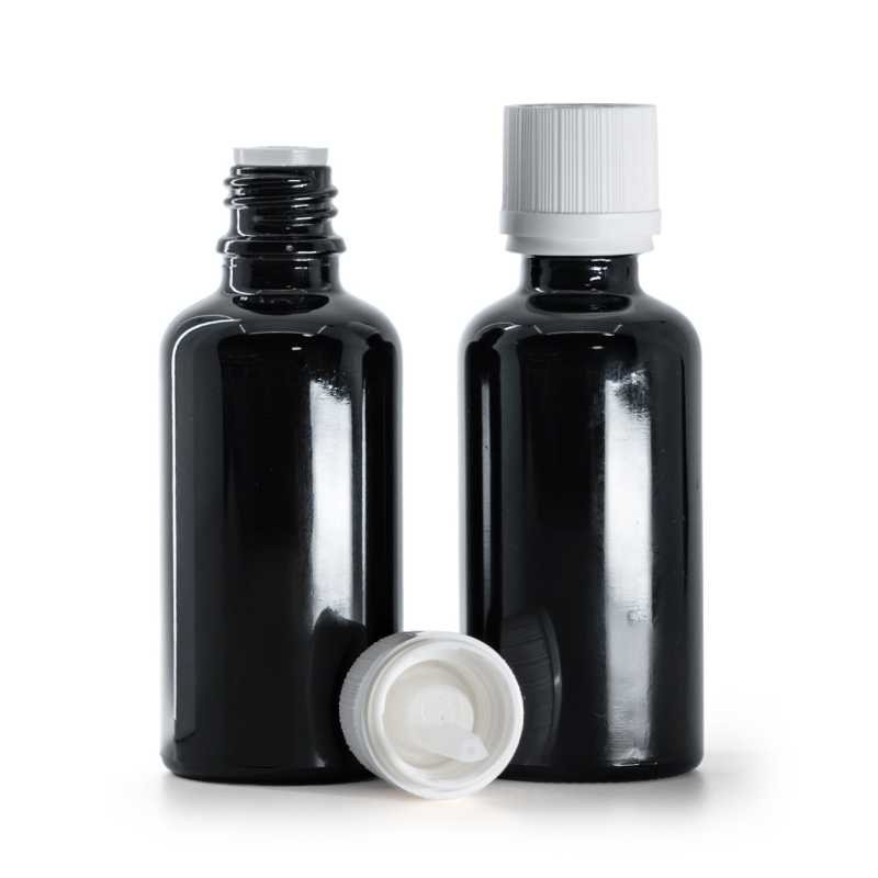 Schwarz glänzende Glasflasche, weiße Sicherheitsverschlusskappe und Tropfer, 50 ml