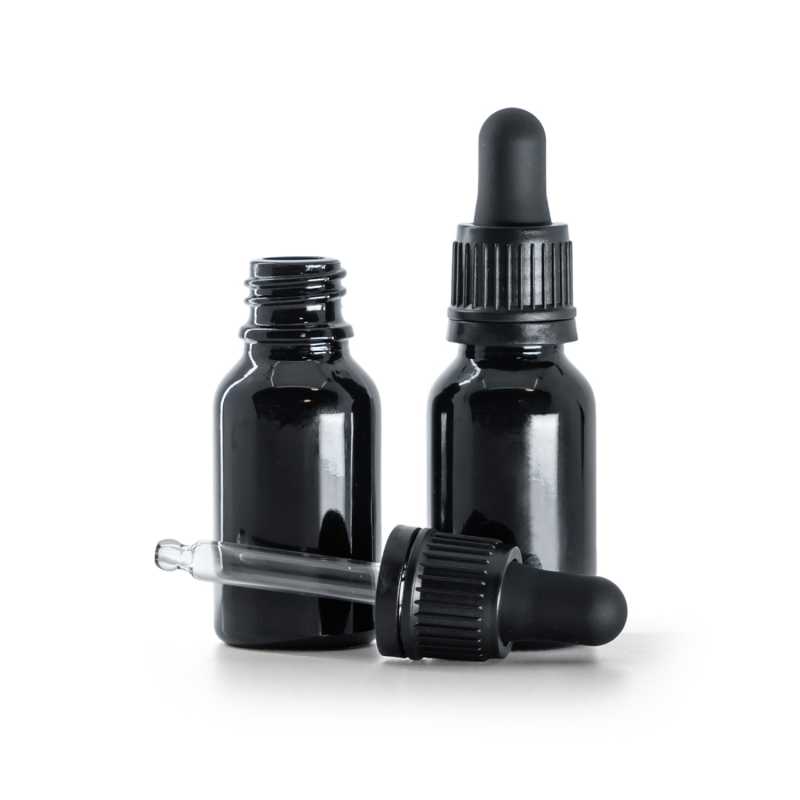 Glänzend schwarze Glasflasche, schwarzer manipulationssicherer Tropfer, 15 ml