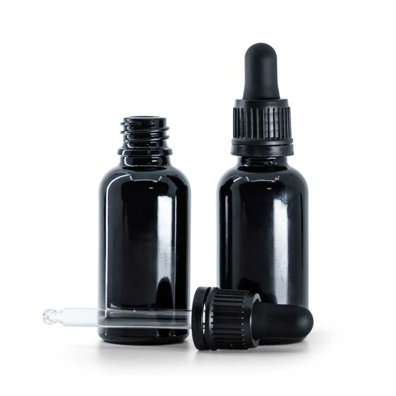 Glänzend schwarze Glasflasche, schwarzer manipulationssicherer Tropfer, 30 ml