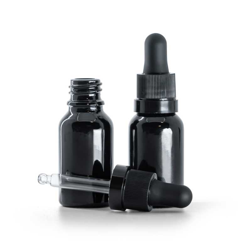 Glänzend schwarze Glasflasche, mattschwarzer Tropfer mit glänzendem Streifen, 15 ml