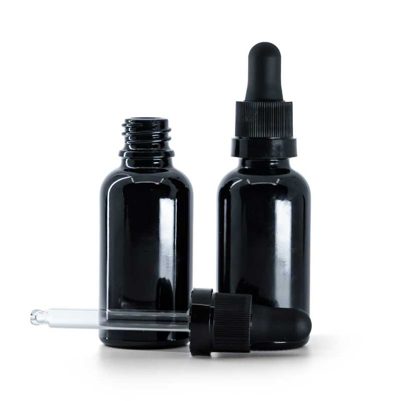 Glänzend schwarze Glasflasche, mattschwarzer Tropfer mit glänzendem Streifen, 30 ml