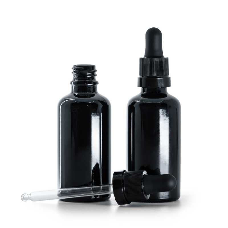 Glänzend schwarze Glasflasche, mattschwarzer Tropfer mit glänzendem Streifen, 50 ml