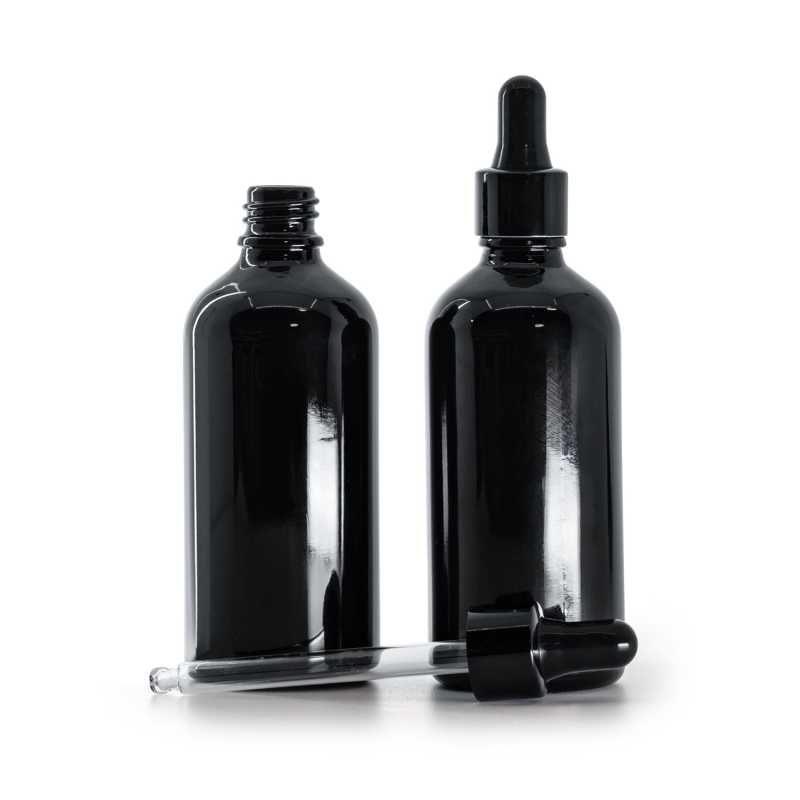 Schwarz glänzende Glasflasche, schwarz glänzender Tropfenzähler, 100 ml