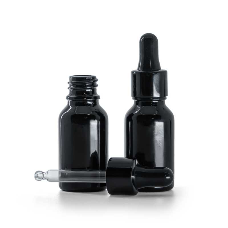 Glänzend schwarze Glasflasche, glänzend schwarze Pipette, 15 ml