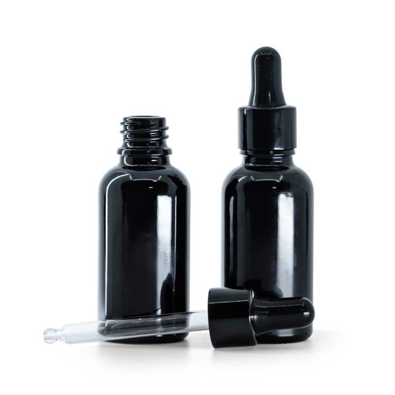 Schwarz glänzende Glasflasche, schwarz glänzender Tropfenzähler, 30 ml