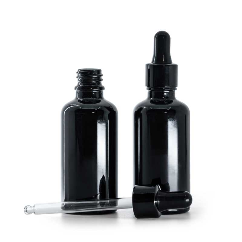 Schwarz glänzende Glasflasche, schwarz glänzender Tropfenzähler, 50 ml