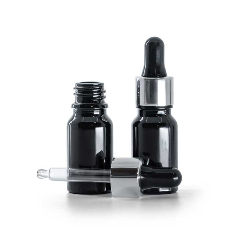 Glänzend schwarze Glasflasche, glänzend silber-schwarzer Tropfer, 10 ml
