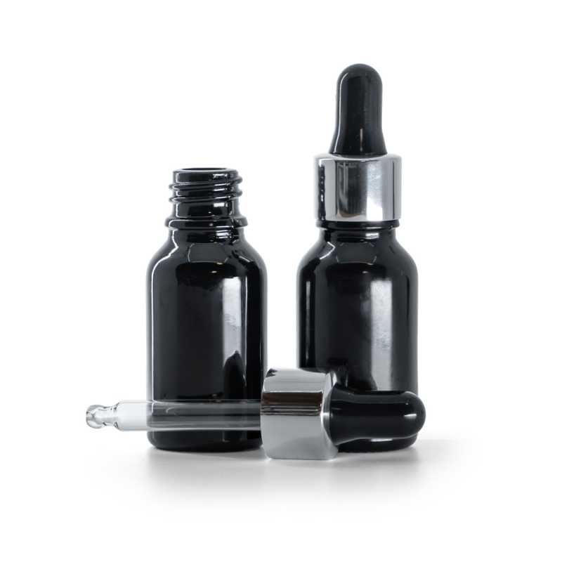 Glänzend schwarze Glasflasche, glänzend silber-schwarzer Tropfer, 15 ml