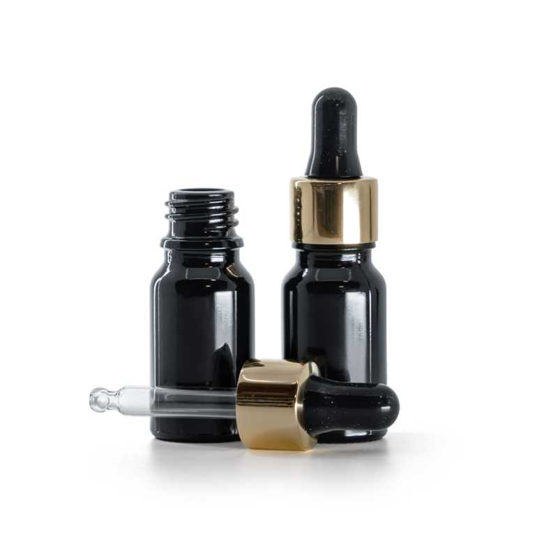 Schwarz glänzende Glasflasche, gold-schwarzer Tropfer, 10 ml
