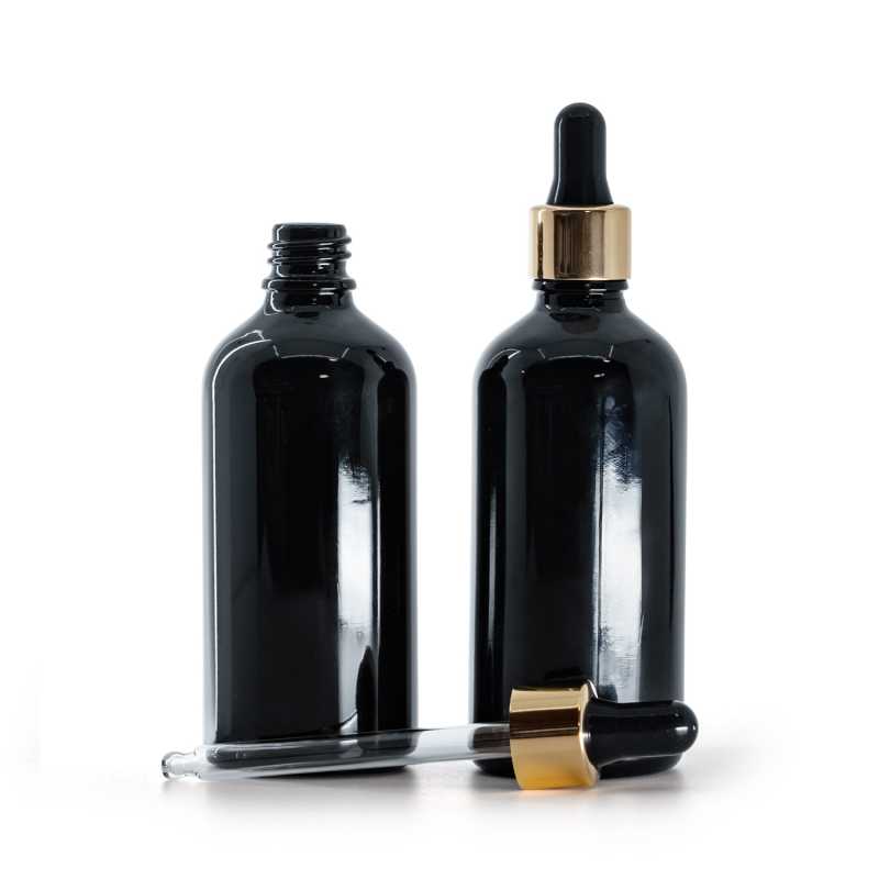 Schwarz glänzende Glasflasche, schwarzer Goldtropfer, 100 ml