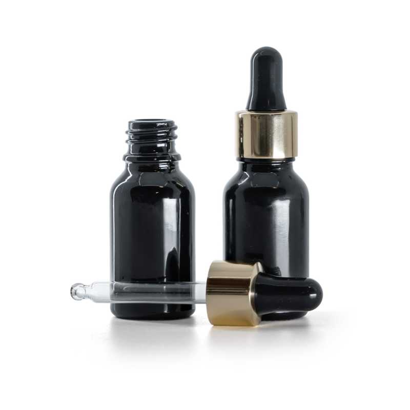Glänzend schwarze Glasflasche, gold-schwarzer Tropfenzähler, 15 ml