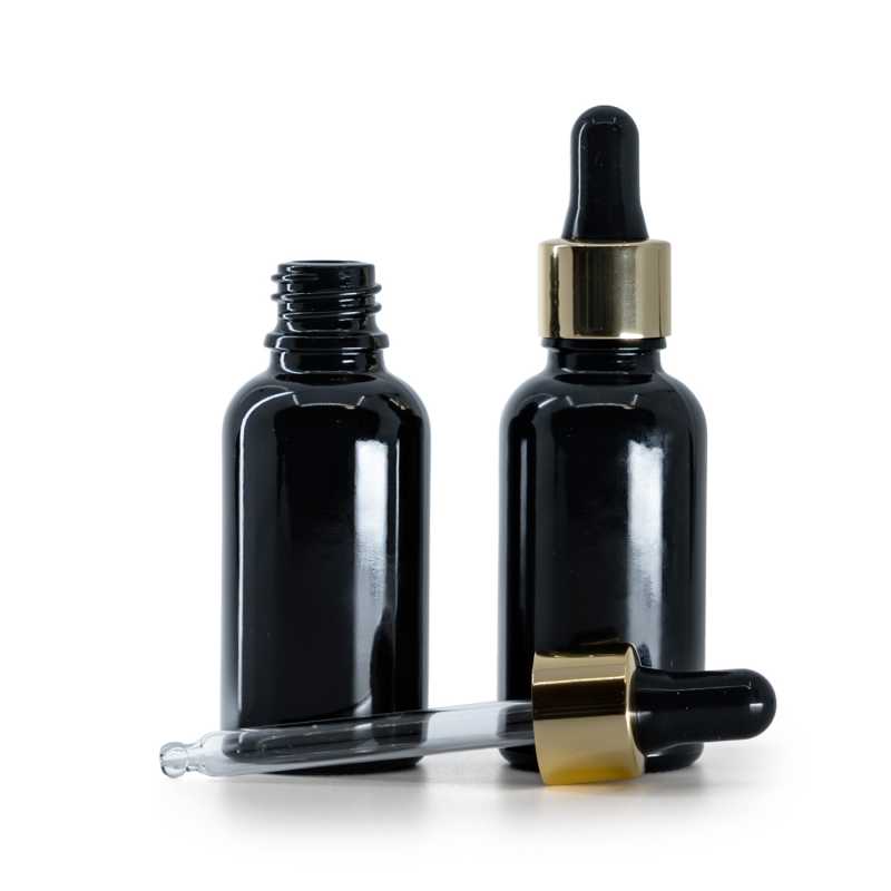 Schwarz glänzende Glasflasche, schwarzer Goldtropfer, 30 ml