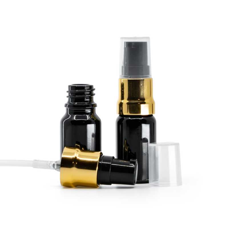  Glänzend schwarze Glasflasche, glänzend gold-schwarze Pumpe mit klarer Überkappe, 10 ml