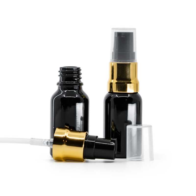  Glänzend schwarze Glasflasche, glänzend gold-schwarze Pumpe mit klarer Überkappe, 15 ml