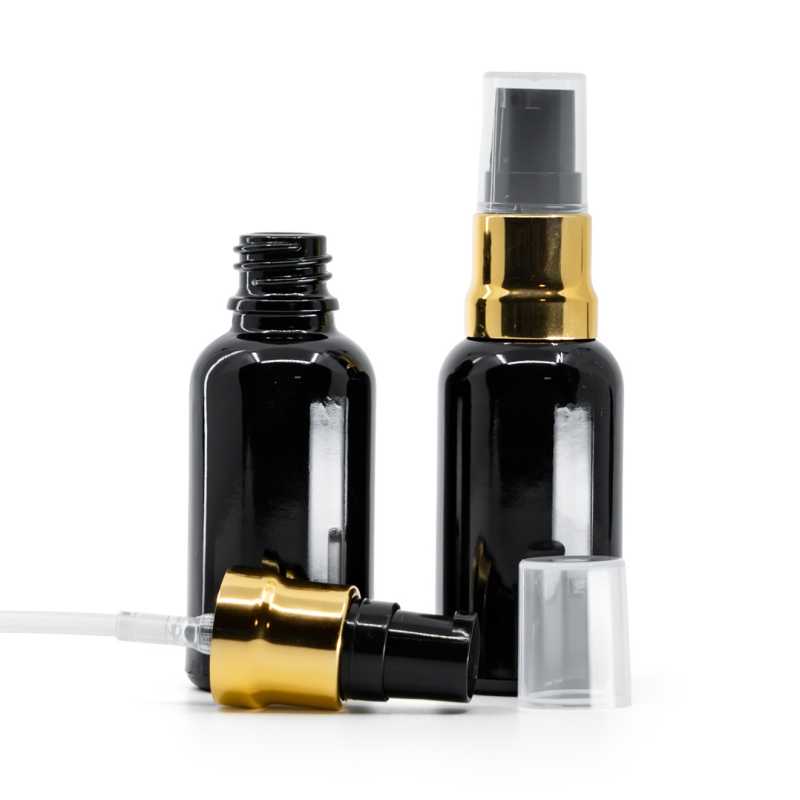  Glänzend schwarze Glasflasche, glänzend gold-schwarze Pumpe mit klarer Überkappe, 30 ml