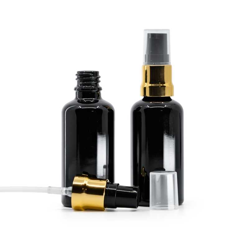  Glänzend schwarze Glasflasche, glänzend gold-schwarze Pumpe mit klarer Überkappe, 50 ml