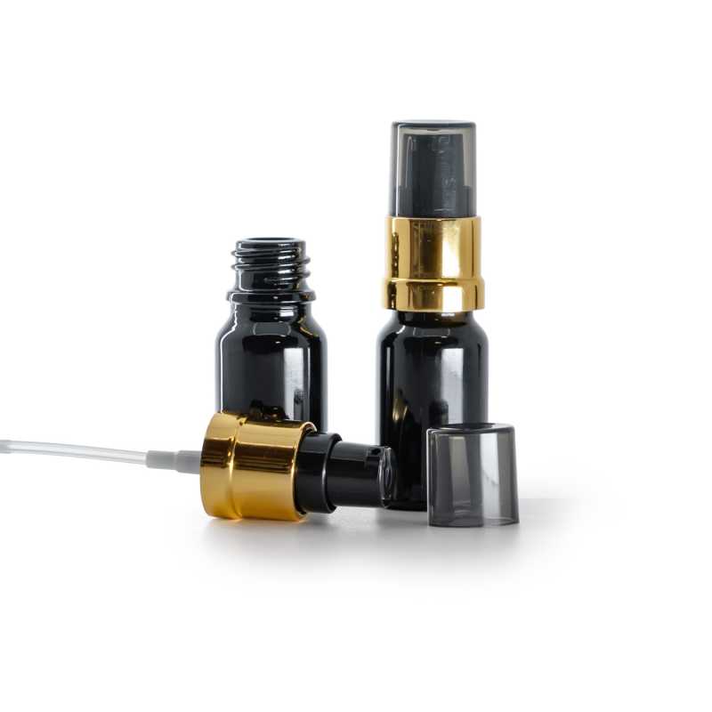 Glasfläschchen, glänzend schwarz, glänzender schwarz-goldener Dosierspender mit rauchfarbener Überka