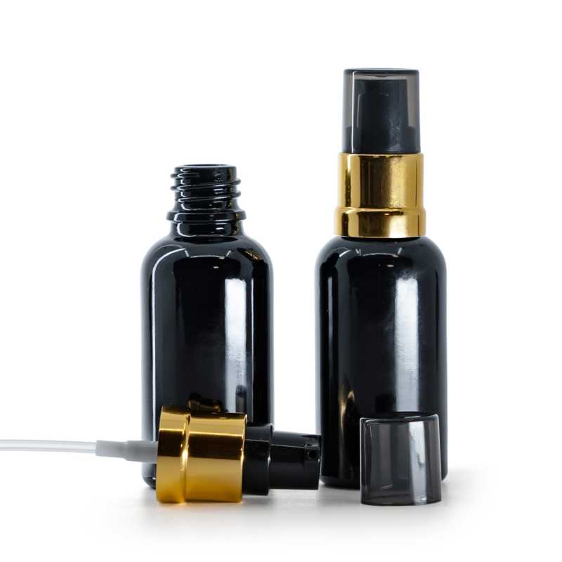 Glasfläschchen, schwarz glänzend, schwarz-goldene glänzende Pumpe mit rauchfarbener Überkappe, 30 ml