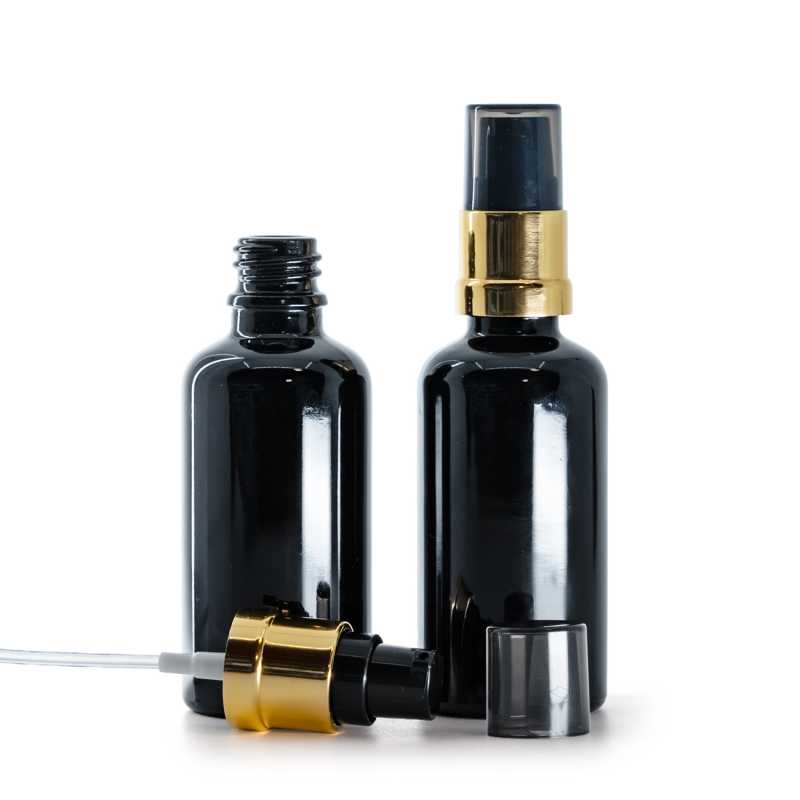 Glasfläschchen, glänzend schwarz, schwarz-goldene glänzende Pumpe mit rauchfarbener Überkappe, 50 ml