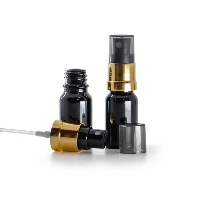 Glasflasche, schwarz glänzend, Zerstäuber schwarz-gold, Rauchkappe, 10 ml