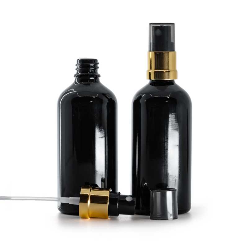 Schwarze Glasflasche glänzend, Zerstäuber schwarz-gold glänzend, Smokey-Overcap, 100 ml