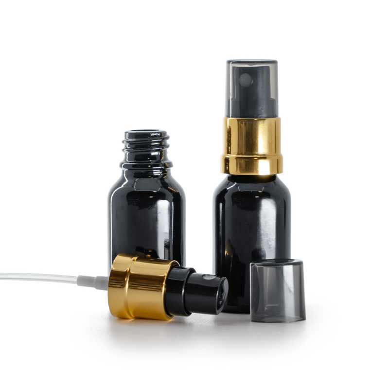 Glasflasche, Schwarz glänzend, Zerstäuber Schwarz-Gold, Smokey-Überkappe, 15 ml