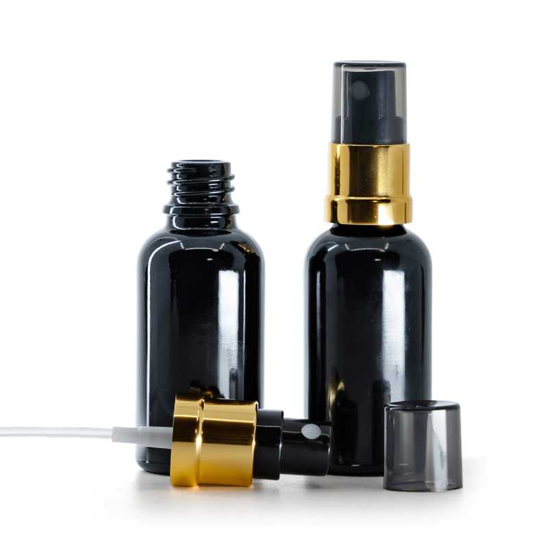 Glasflasche schwarz glänzend mit Schwarz-Gold Zerstäuber und rauchfarbenem Überkappen, 30 ml