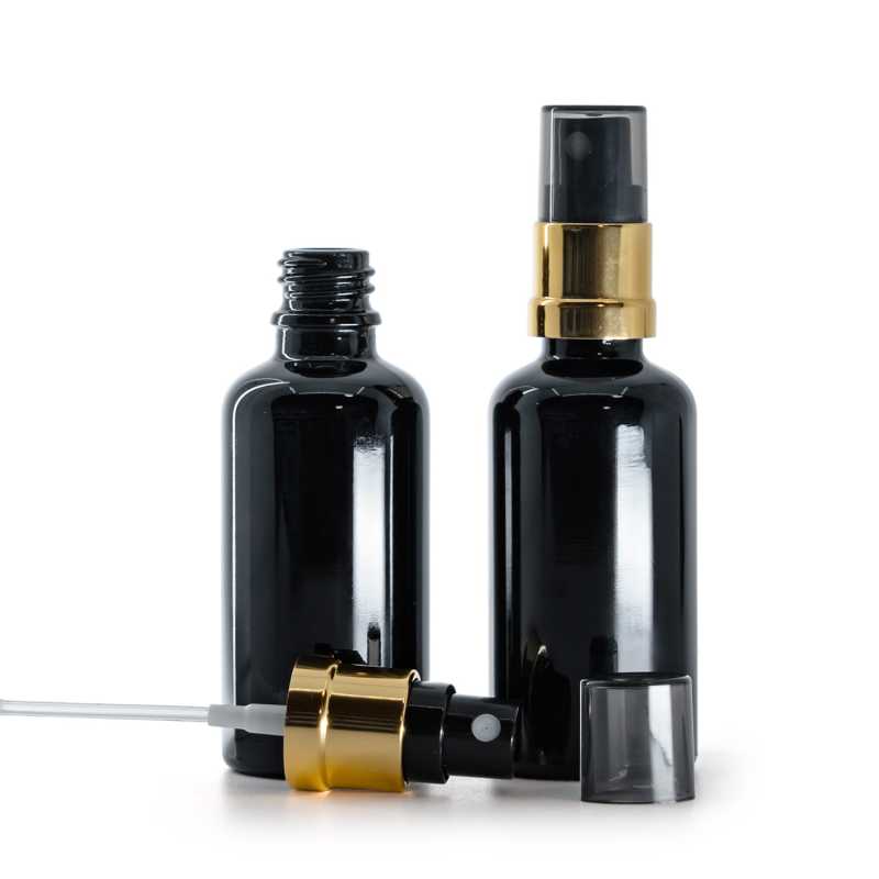 Glasflasche, glänzend schwarz, Zerstäuber schwarz-gold, Rauchkappe, 50 ml