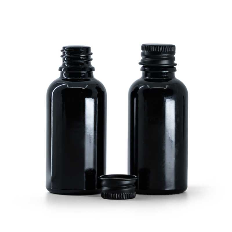 Schwarz glänzende Glasflasche, schwarzer Aluminiumdeckel, 30 ml