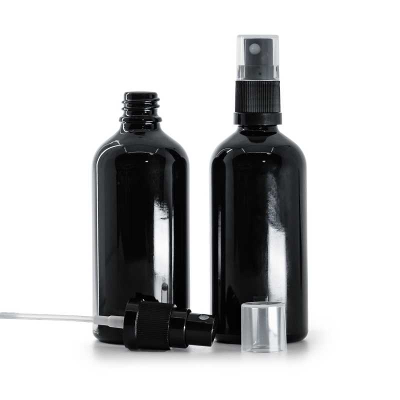 Schwarz glänzende Glasflasche, schwarzes Spray, 100 ml