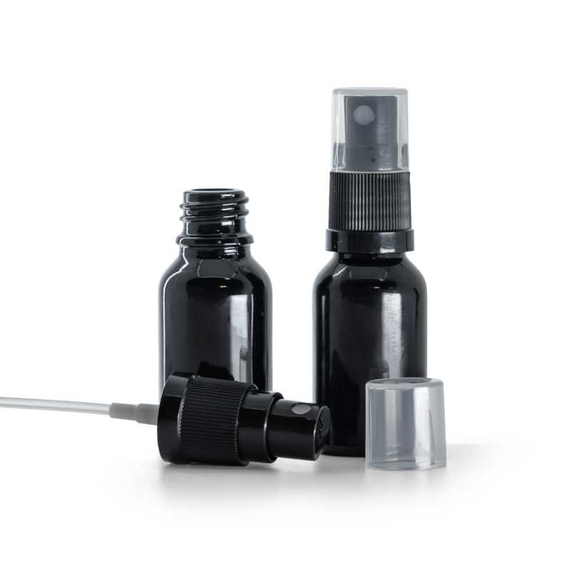 Schwarz glänzende Glasflasche, schwarzes Spray, 15 ml