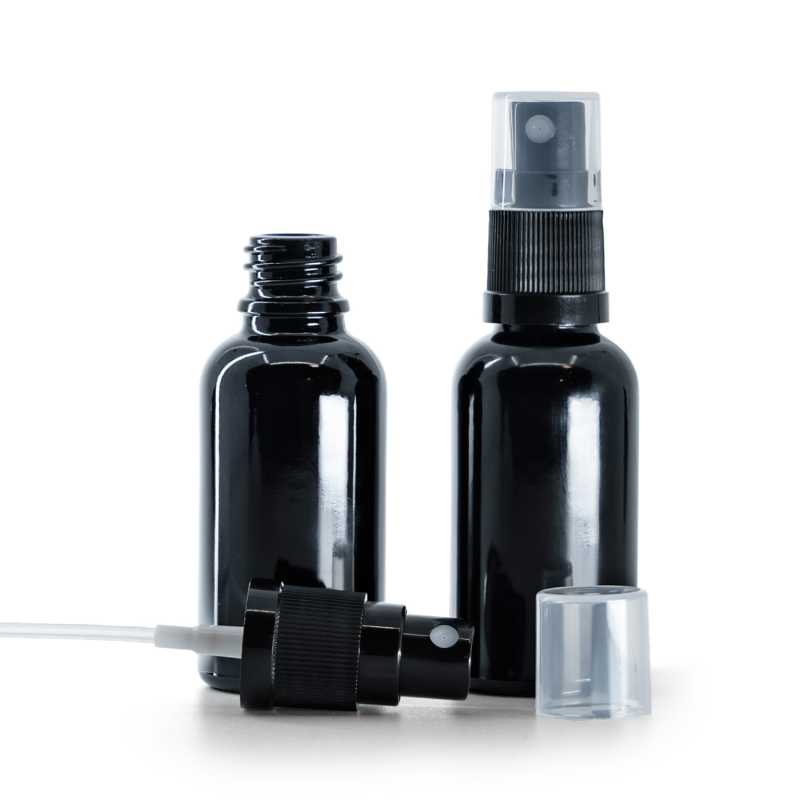 Schwarz glänzende Glasflasche, schwarzes Spray, 30 ml