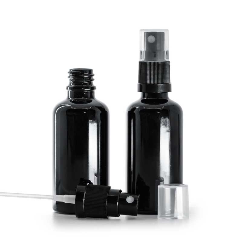 Schwarz glänzende Glasflasche, schwarzes Spray, 50 ml