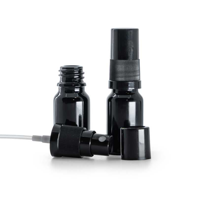 Schwarz glänzende Glasflasche, schwarzer Feinzerstäuber, schwarzer Überkappe, 10 ml