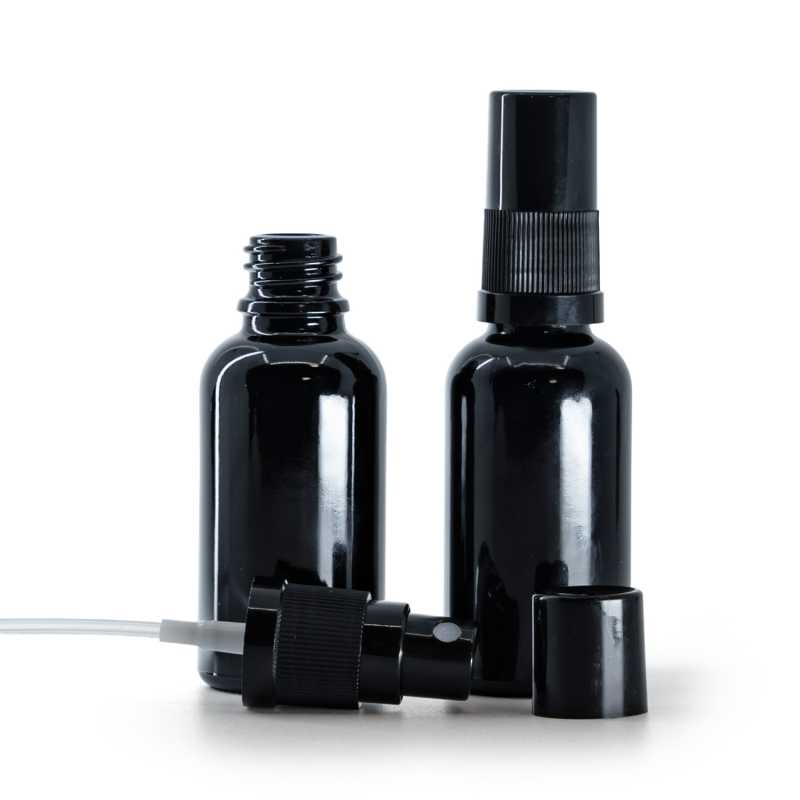 Schwarz glänzende Glasflasche, schwarzer Feinzerstäuber, schwarzer Überkappe, 30 ml