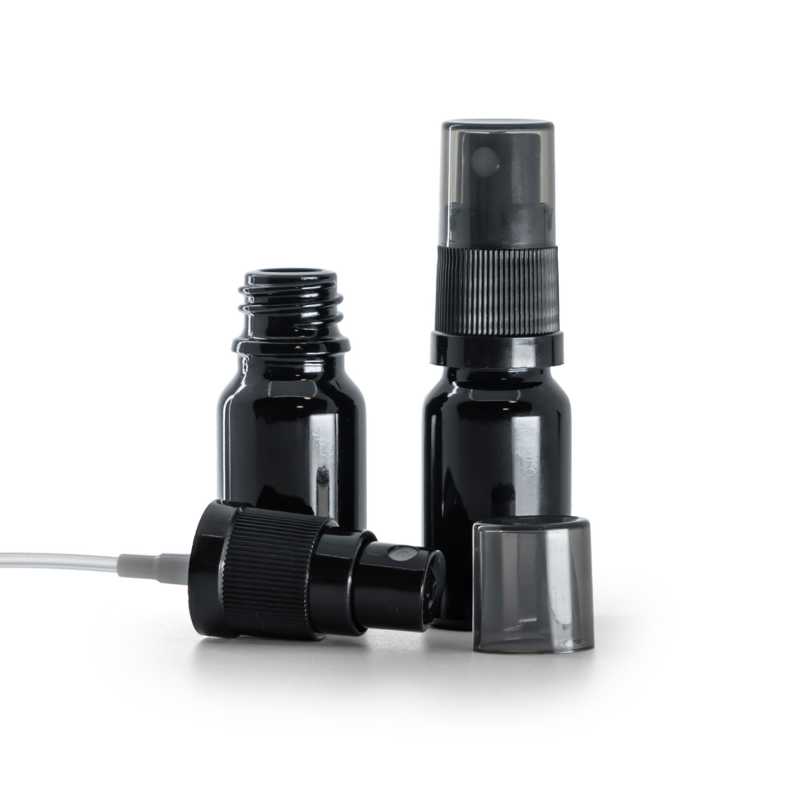 Glasfläschchen, schwarz glänzend, schwarzer Sprühzerstäuber, rauchfarbene Überkappe, 10 ml