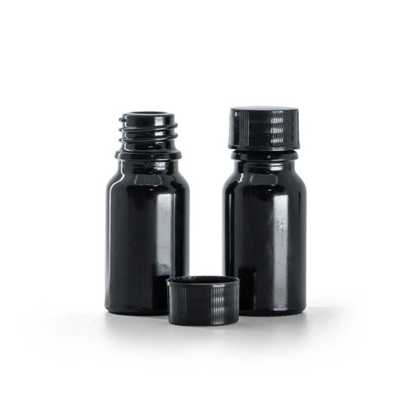Schwarz glänzende Glasflasche, schwarzer Deckel, 10 ml