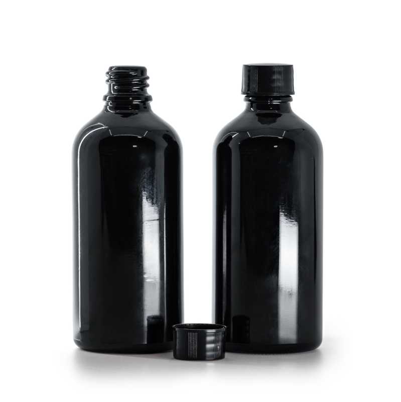 Schwarz glänzende Glasflasche, schwarzer Deckel, 100 ml