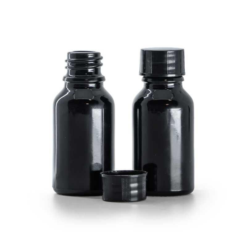Schwarz glänzende Glasflasche, schwarzer Deckel, 15 ml