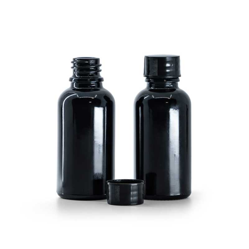 Schwarz glänzende Glasflasche, schwarzer Deckel, 30 ml